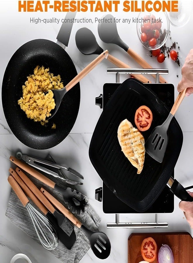 19-Piece Kitchen Knife Set & Silicone Cooking Utensil Set with Wooden Handles |