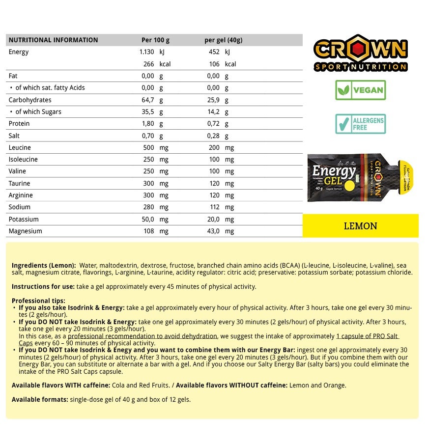 Crown Sport Nutrition 12 x Energy Gels, 40 g Liquid Texture, Carbohydrates, Amino acids and Electrolytes, Lemon Flavor - Image 6