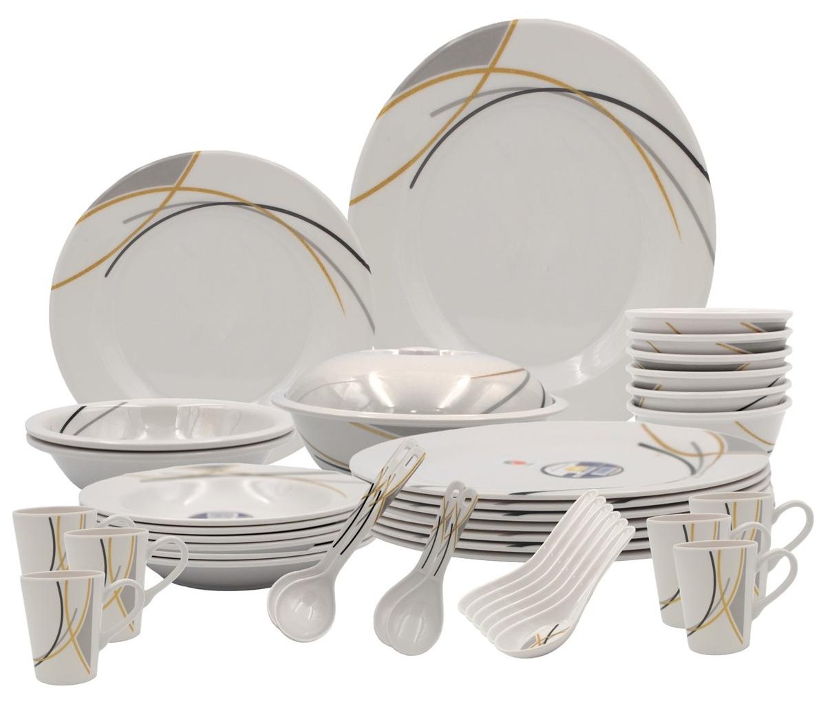 Melrich 38 piece Melamine Dinnerware set Dinner Soup salad plates bowls spoons serving plates Durable and Long lasting for kitchen Dishwasher safe