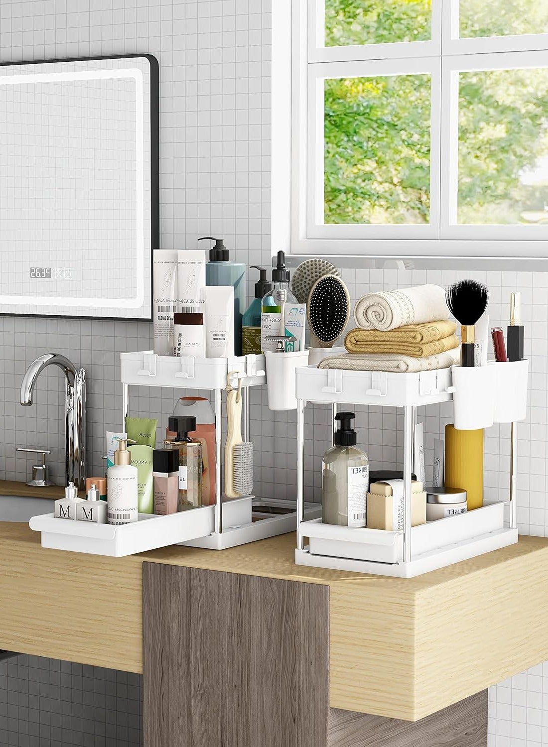 2 Tier Under Sink Organizer with Drawer: Multi-Purpose Storage Solution with Specially designed Handle, Anti-Slip Mats, Additional 4 Hooks, 2 Cups, and Enlarged Size - Ceramic White, Pack of 1 - Image 5