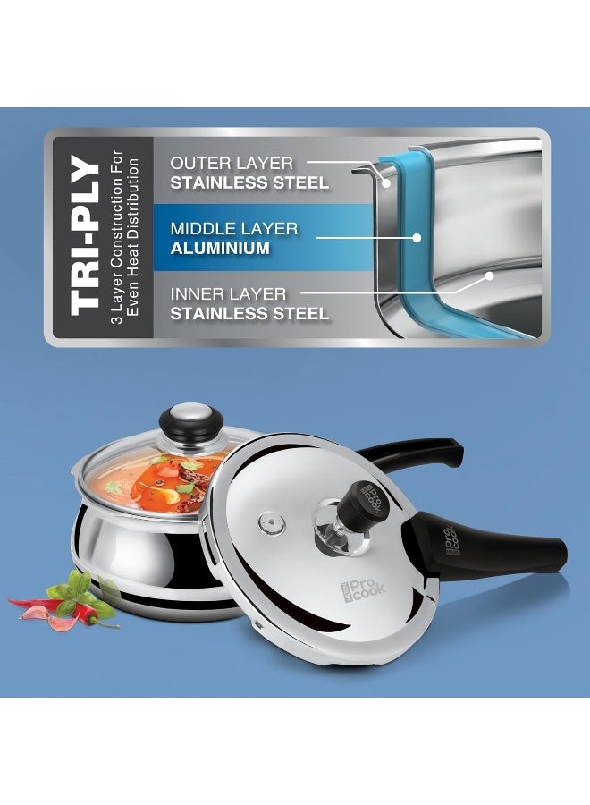 Pro Cook Handi Pressure Cooker 3.5 Litre – Triply Stainless Steel Cooker with Outer Stainless Steel Lid & Glass Lid, Induction & Gas Compatible, ISI Certified, Gasket Release System – Silver - Image 4