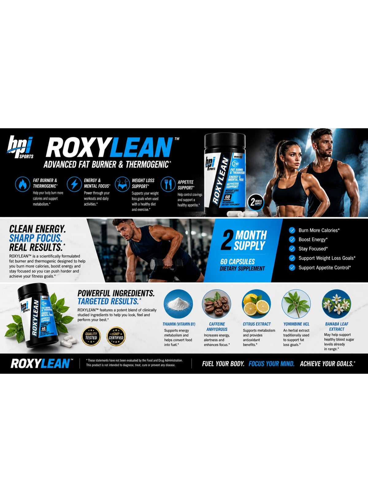 BPI Sports RoxyLean Fat Burner & Thermogenic Supplement, 60 Capsules, Energy & W