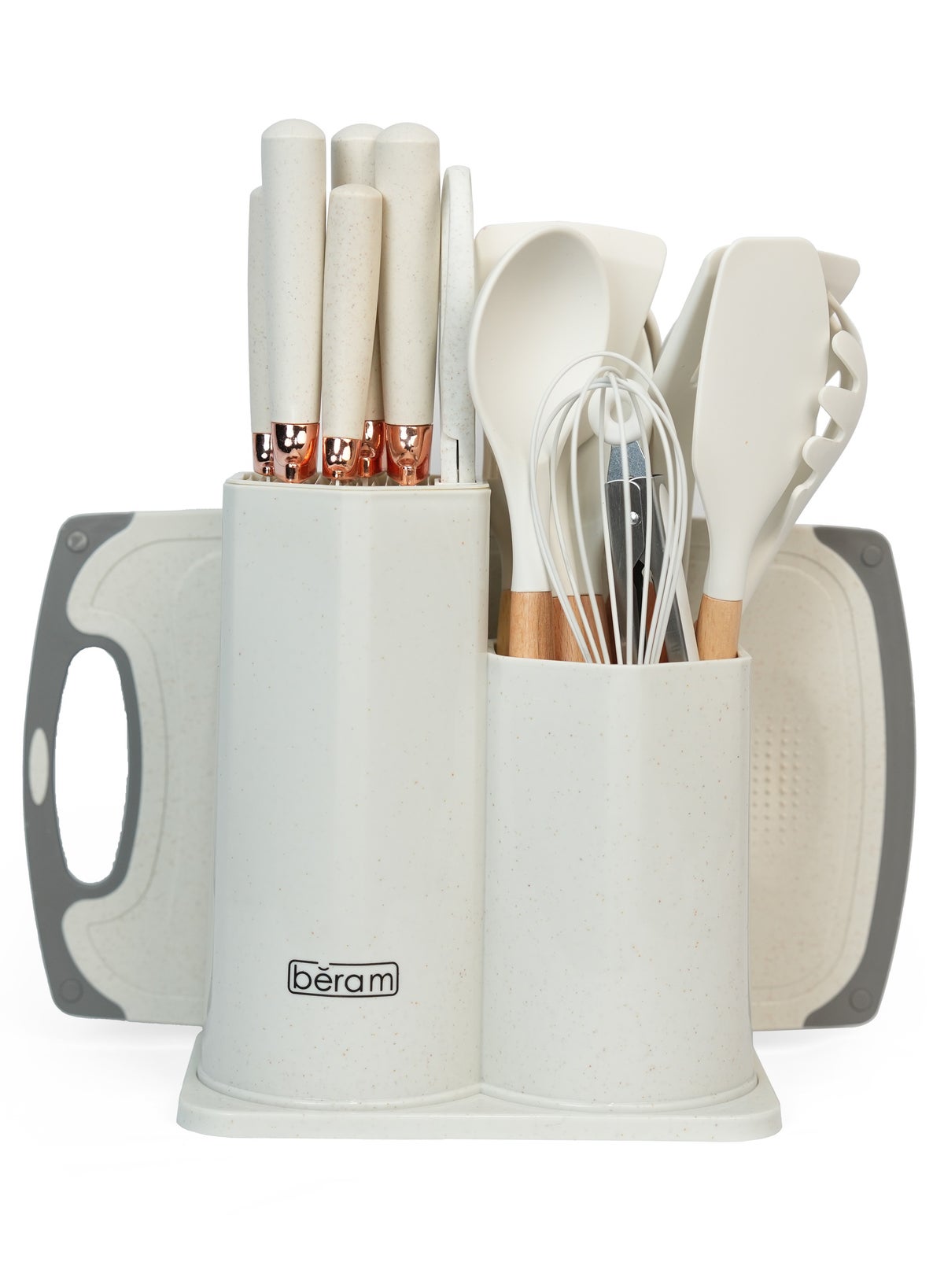 Beram 19 Pieces Knife Set for Kitchen, Cooking Utensils Set, Includes Tongs, Spoon, Spatula & Turner Made of Heat Resistant Food Grade Silicone and Wooden Handles, Non Stick Kitchen Knife Sets and Tools