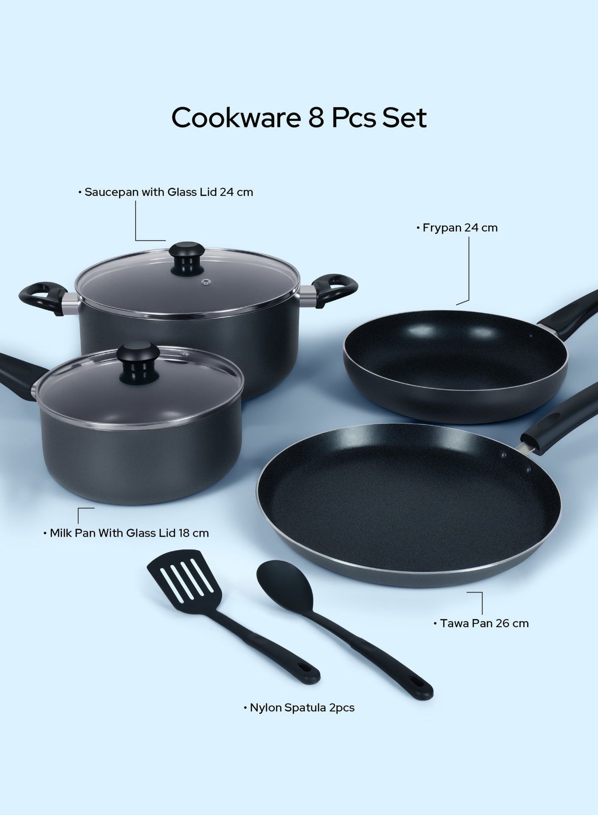 8 Pcs Nonstick Cookware Set with 10X Tougher Coating, Quick Heat Distribution, H