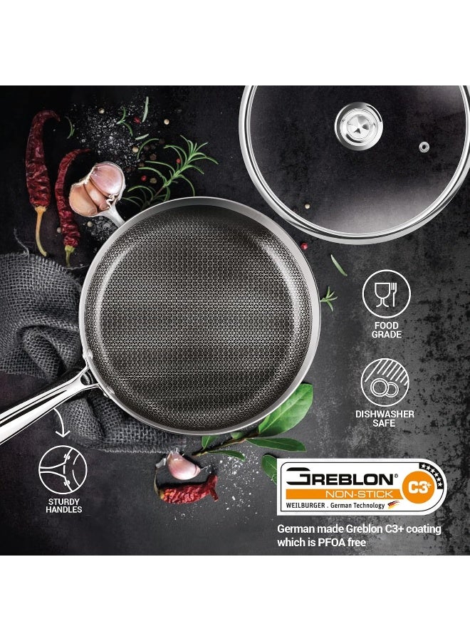 Pro Cook Fry Pan 26 cm – Triply Hexa Tech Stainless Steel Frying Pan with Glass Lid, Honeycomb Non-Stick Structure, Induction & Gas Compatible, Ideal for Curry & Omelette – Silver - Image 4