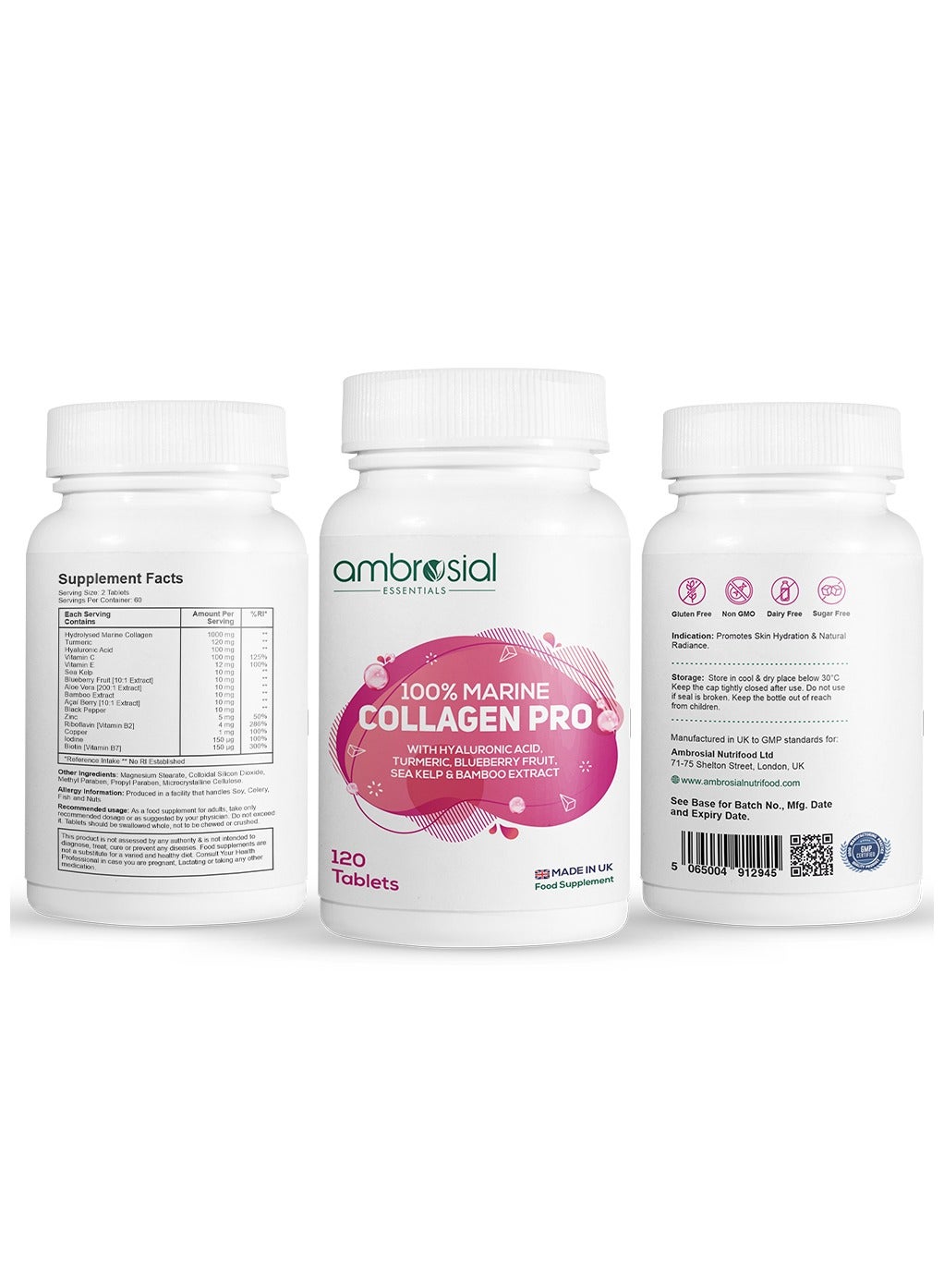 Ambrosial 100% Marine Collagen Pro with Hyaluronic Acid, Turmeric, Blueberry, Se