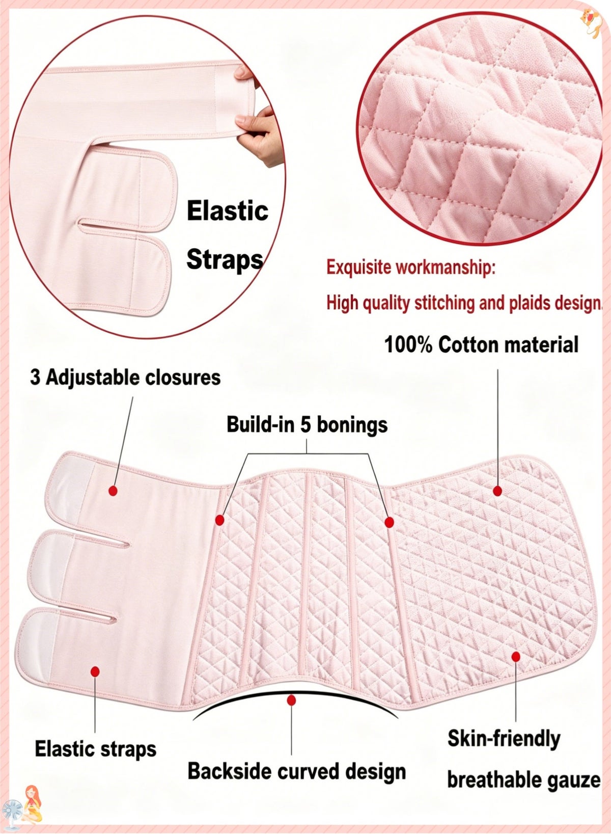 Postpartum Belly Band 4-Layer Cotton Postnatal, Abdominal Wrap, 3 Adjustable Closures with 5 Steel Bones Back Support Post Pregnancy Waist Trainer for C-section & Natural Birth - Image 5