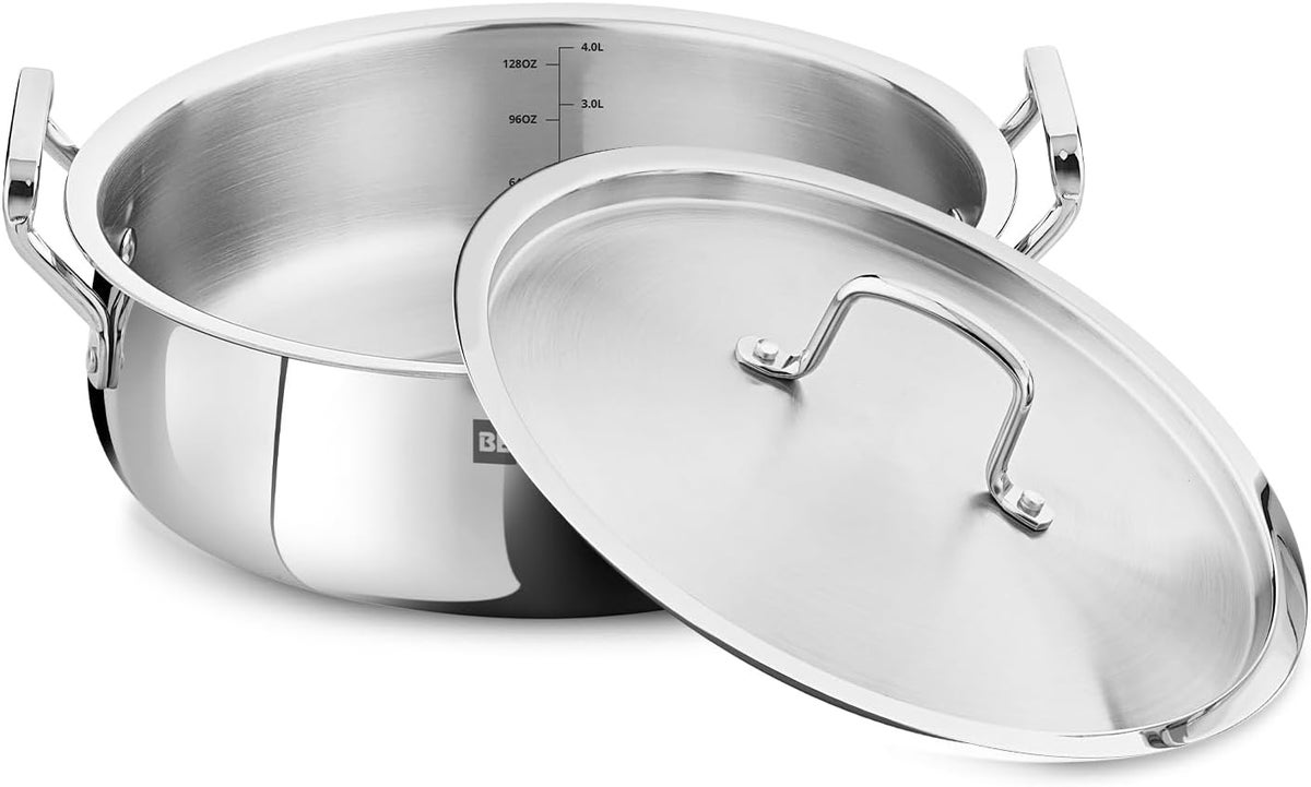 Bergner Essentials 24cm (4.4L) Tri-Ply Stainless Steel Cookware Pot , Deep Handi with Lid for Biryani Rice Curries Pulao Stews, Less Oil Use Healthy Cooking, Even Heating Gas & Induction Compatible