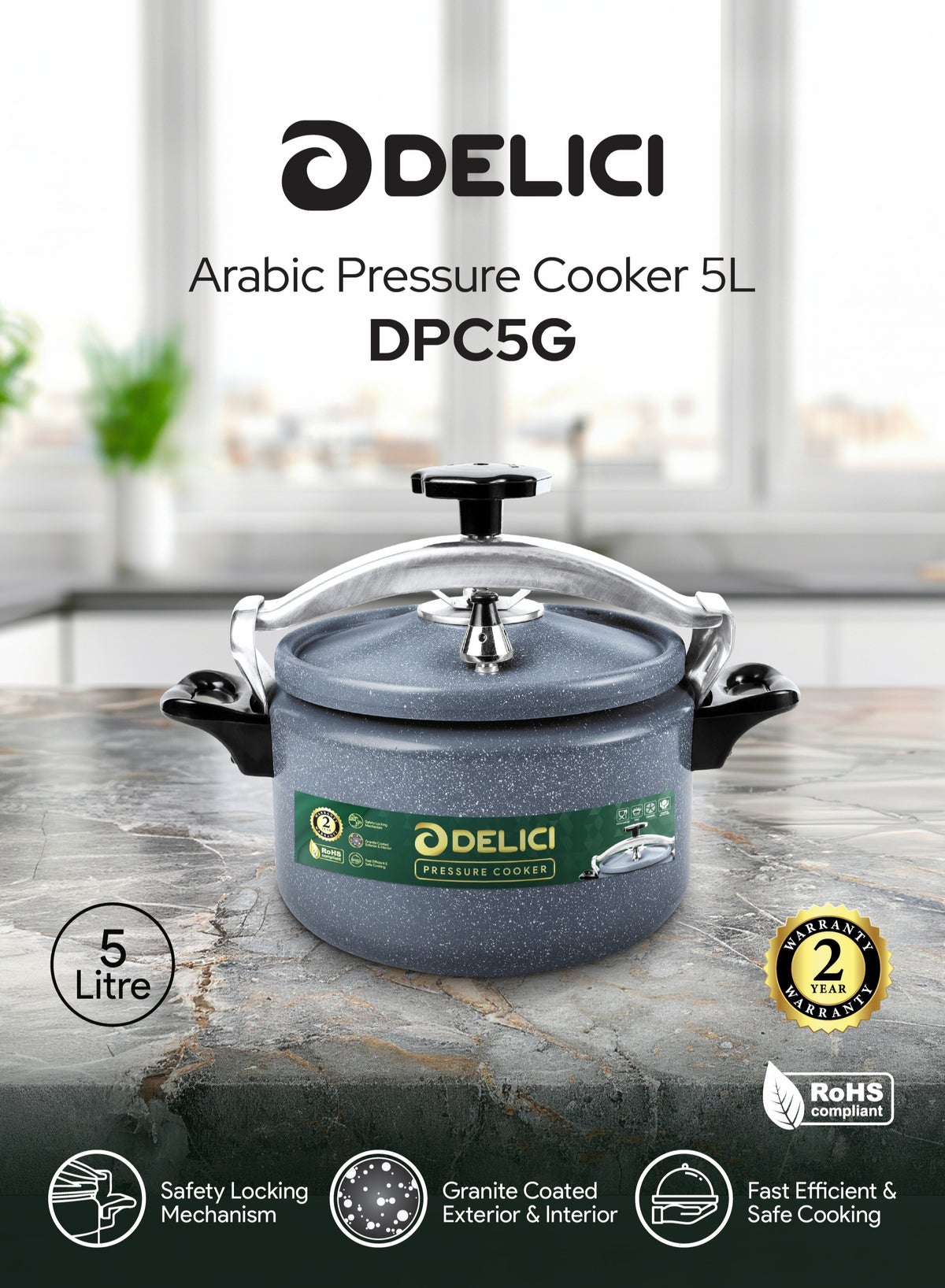 Aluminium Pressure Cooker 5 Litre (DPC 5G) – Heavy-Duty Durable Aluminum Body & Lid, Fast & Safe Cooking, Safety Locking Mechanism, Long-Lasting Rubber Gasket, Strong Heat-Resistant Base, ISI Certified, 2-Year Warranty - Image 2