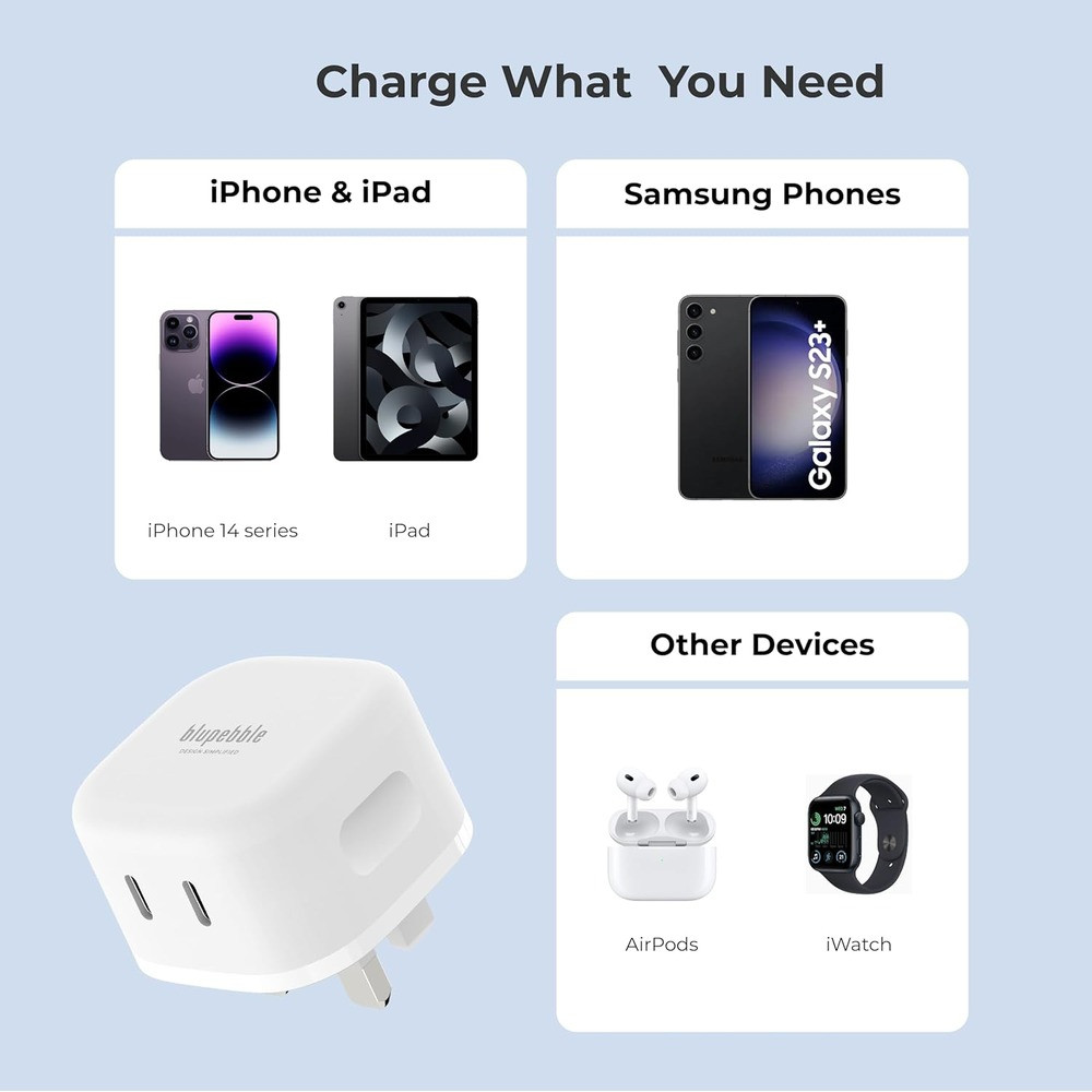 Blupebble 45W Dual-Port PD GaN Fast Charger - White - BP-PD45GANUK-WH