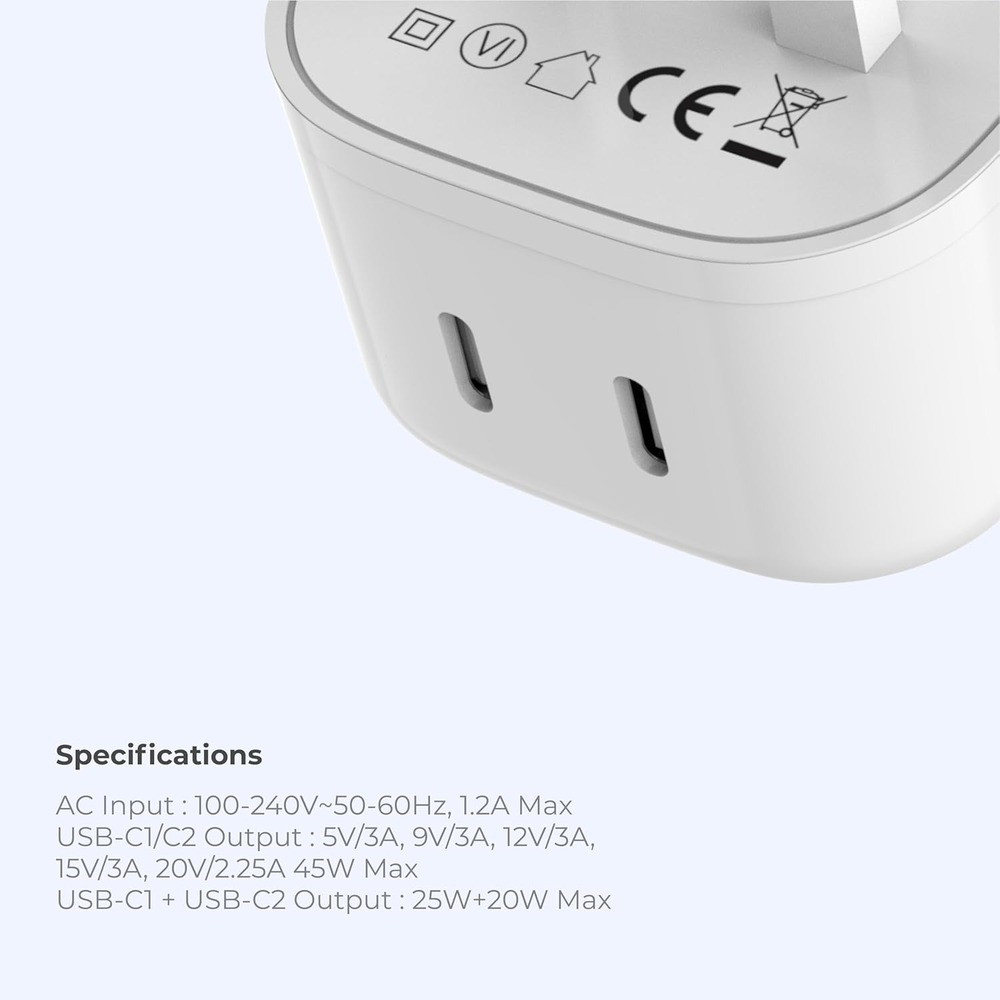 Blupebble 45W Dual-Port PD GaN Fast Charger - White - BP-PD45GANUK-WH