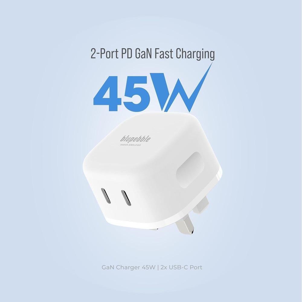 Blupebble 45W Dual-Port PD GaN Fast Charger - White - BP-PD45GANUK-WH