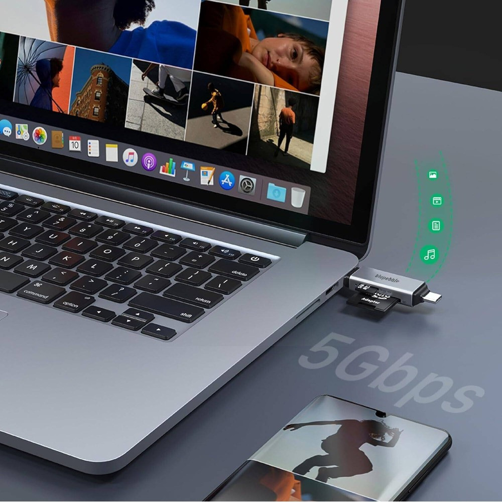 Blupebble 2-in-1 USB-A & USB-C Card Reader with TF SD Card Support - Gray - BP-SDTFRDR-GY - Image 2
