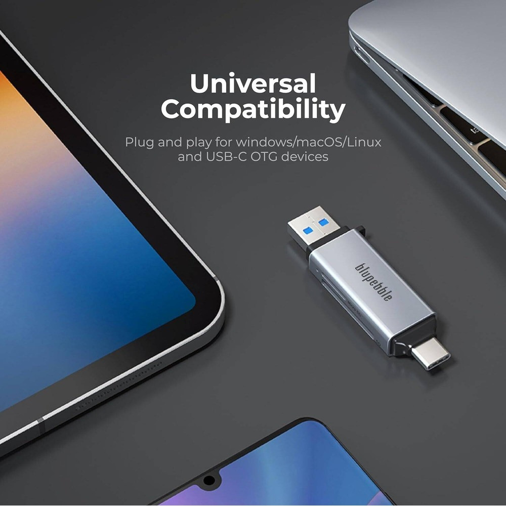 Blupebble 2-in-1 USB-A & USB-C Card Reader with TF SD Card Support - Gray - BP-SDTFRDR-GY - Image 3