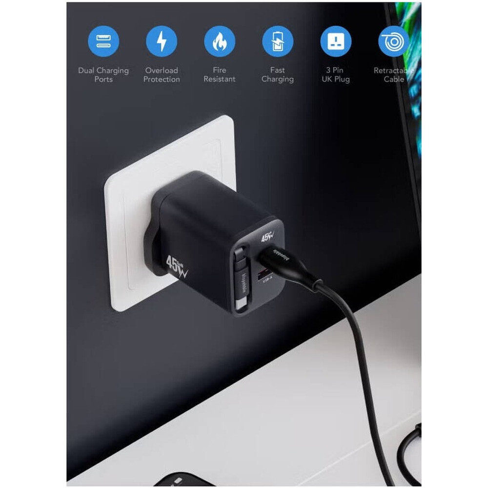 Blupebble PowerCore 45W Dual-Port PD GaN Fast Charger - Black - BP-PD45GANRC-BK - Image 2