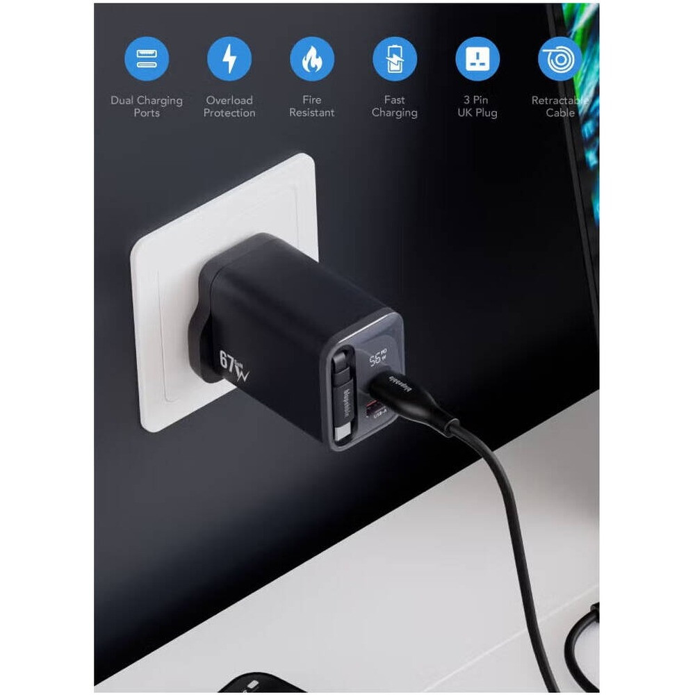 Blupebble PowerCore 67W Dual-Port PD GaN Fast Charger with LED Indicator - Black - BP-PD67GANRC-BK - Image 2