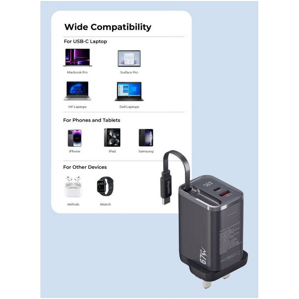 Blupebble PowerCore 67W Dual-Port PD GaN Fast Charger with LED Indicator - Black - BP-PD67GANRC-BK - Image 6