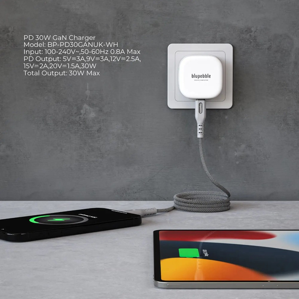 Blupebble PowerCore 30W Single-Port PD GaN Fast Charger - White - BP-PD30GANUK-W