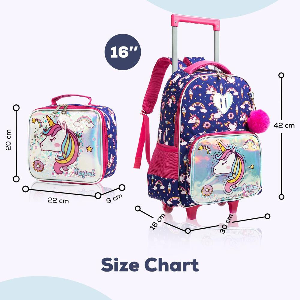 Eazy Kids - 16Inch Set of 3 Trolley School Bag Lunch Bag And Pencil Case Unicorn