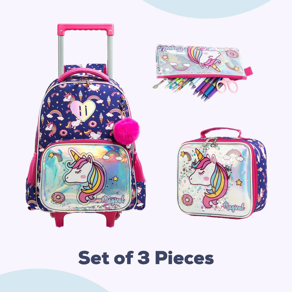 Eazy Kids - 16Inch Set of 3 Trolley School Bag Lunch Bag And Pencil Case Unicorn