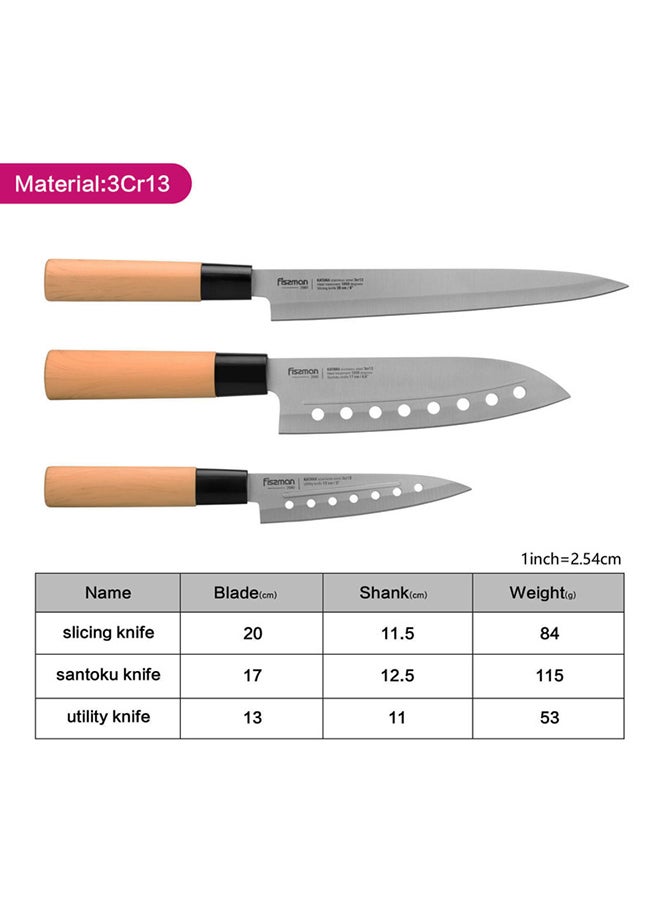 Set Of 3 Non Stick Katana Knifes Brown/Silver 32.5cm - Image 2