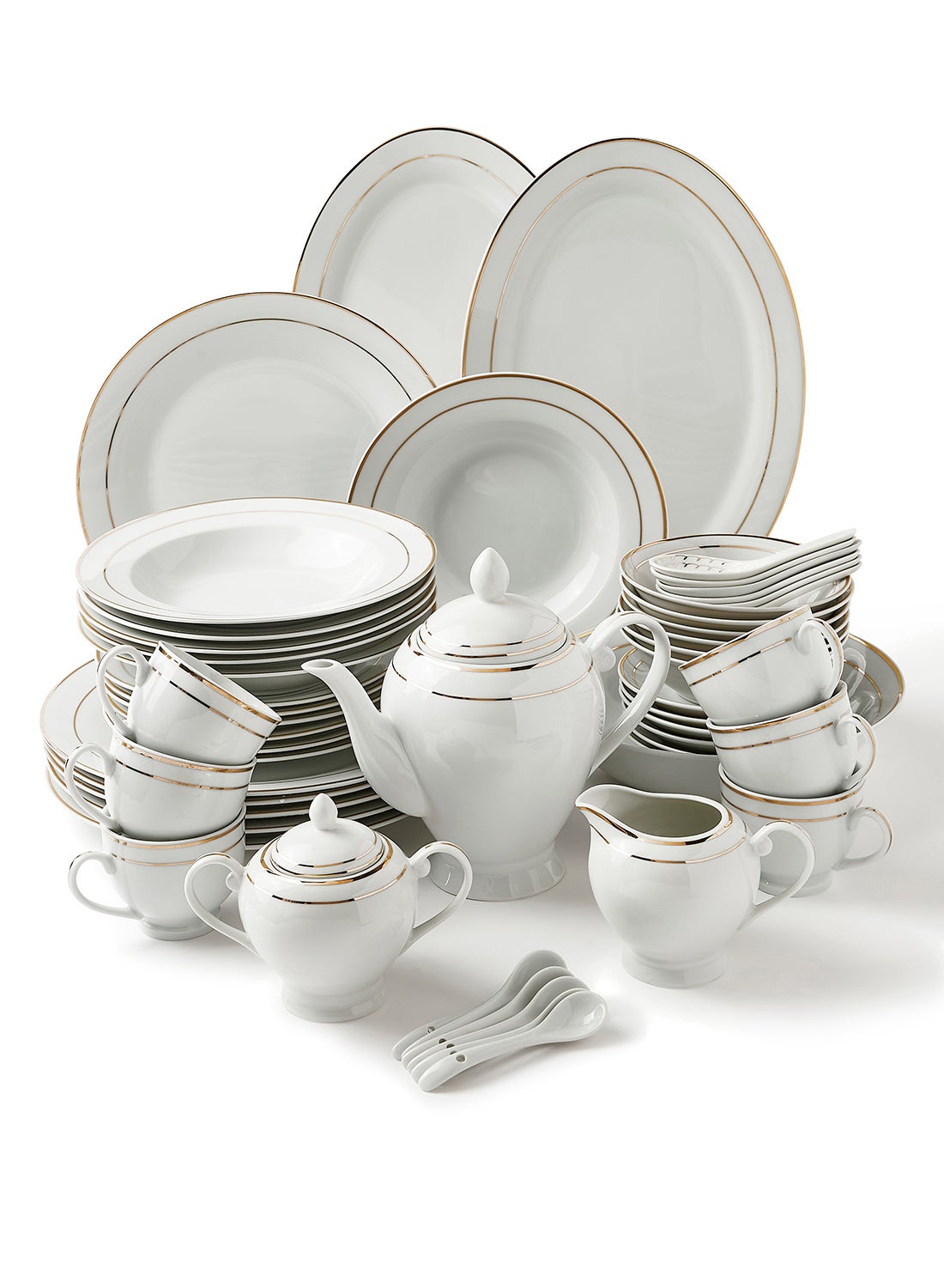 56 Piece Porcelain Dinner Set - Dishes, Plates - Dinner Plate, Side Plate, Bowl, Cups, Serving Dish And Bowl - Serves 6 - Festive Design White/Gold Line White/Gold Line - Image 2