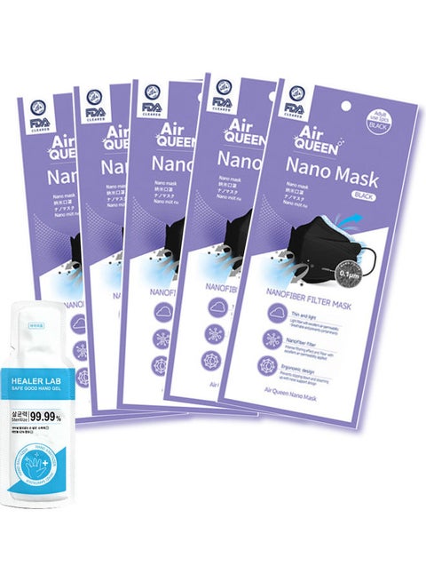 5-Pack Nano Filter Face Mask With One Time Usage Hand Sanitizer Black