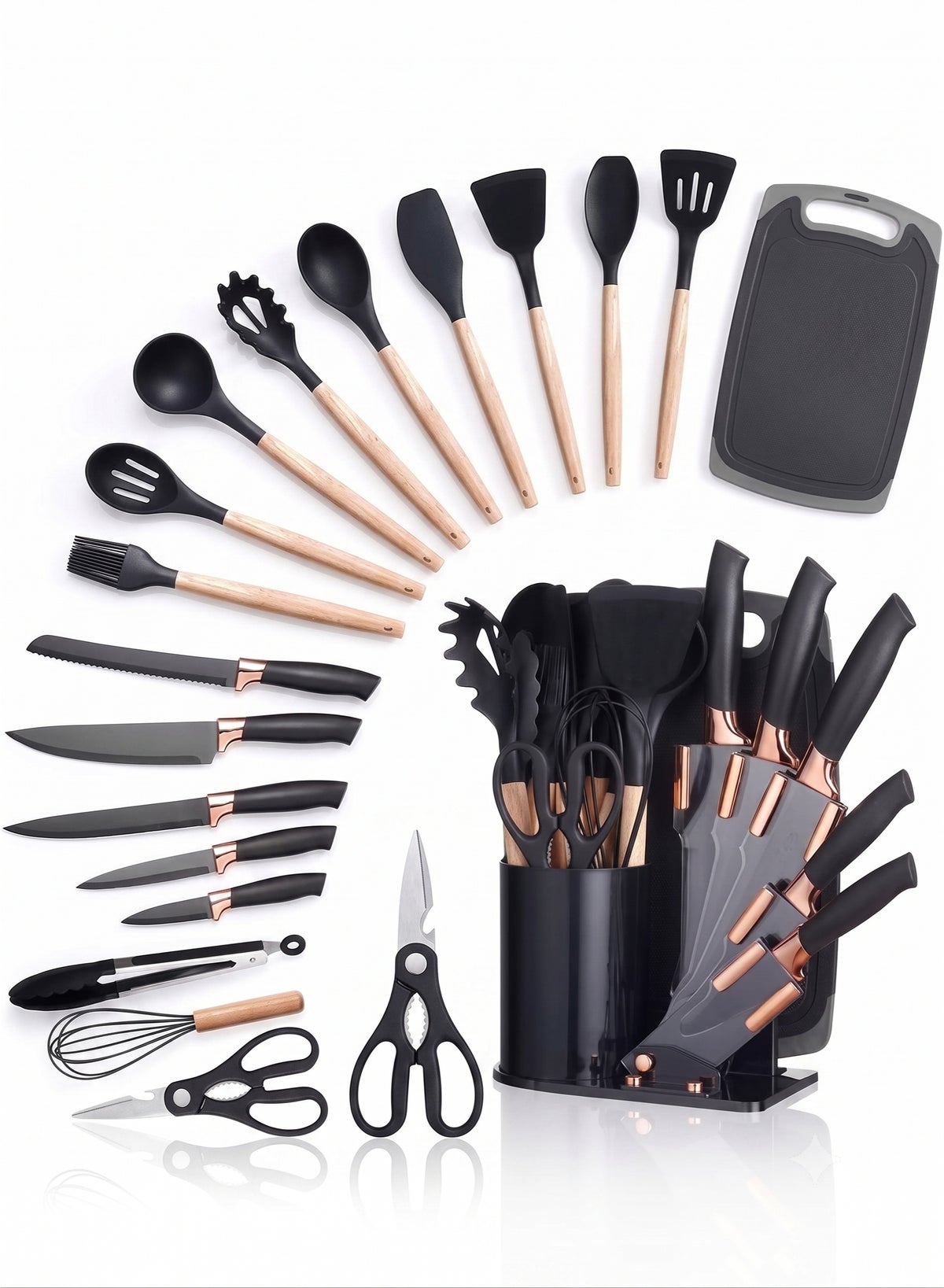 19-Piece Kitchen Knife Set & Silicone Cooking Utensil Set with Wooden Handles | Non-Stick Heat Resistant Kitchen Tools, Chef Knives, Cutting Board, Utensil Holder & Knife Block Organizer