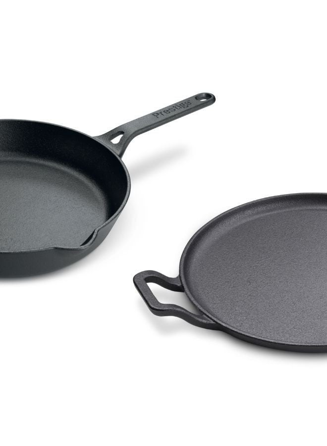Prestige Pre-Seasoned Cast Iron Cookware Set - 28cm Flat Dosa Tawa + 26cm Fry Pan | Set Combo Offer for Kitchen | Iron Utensils for Cooking | Induction Cookware Set, Black, PR49081 - Image 2