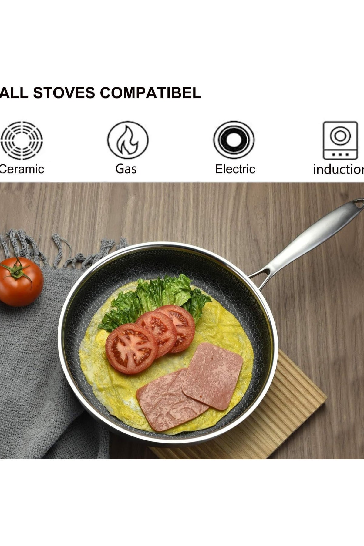 Stainless Steel Frying Pan with Lid 28cm, Wok Pan Hybrid Tech Sauté Pans Nonstick, Skillet, PFOA Free,(Dishwasher/Induction/Gas/Electric - Image 3