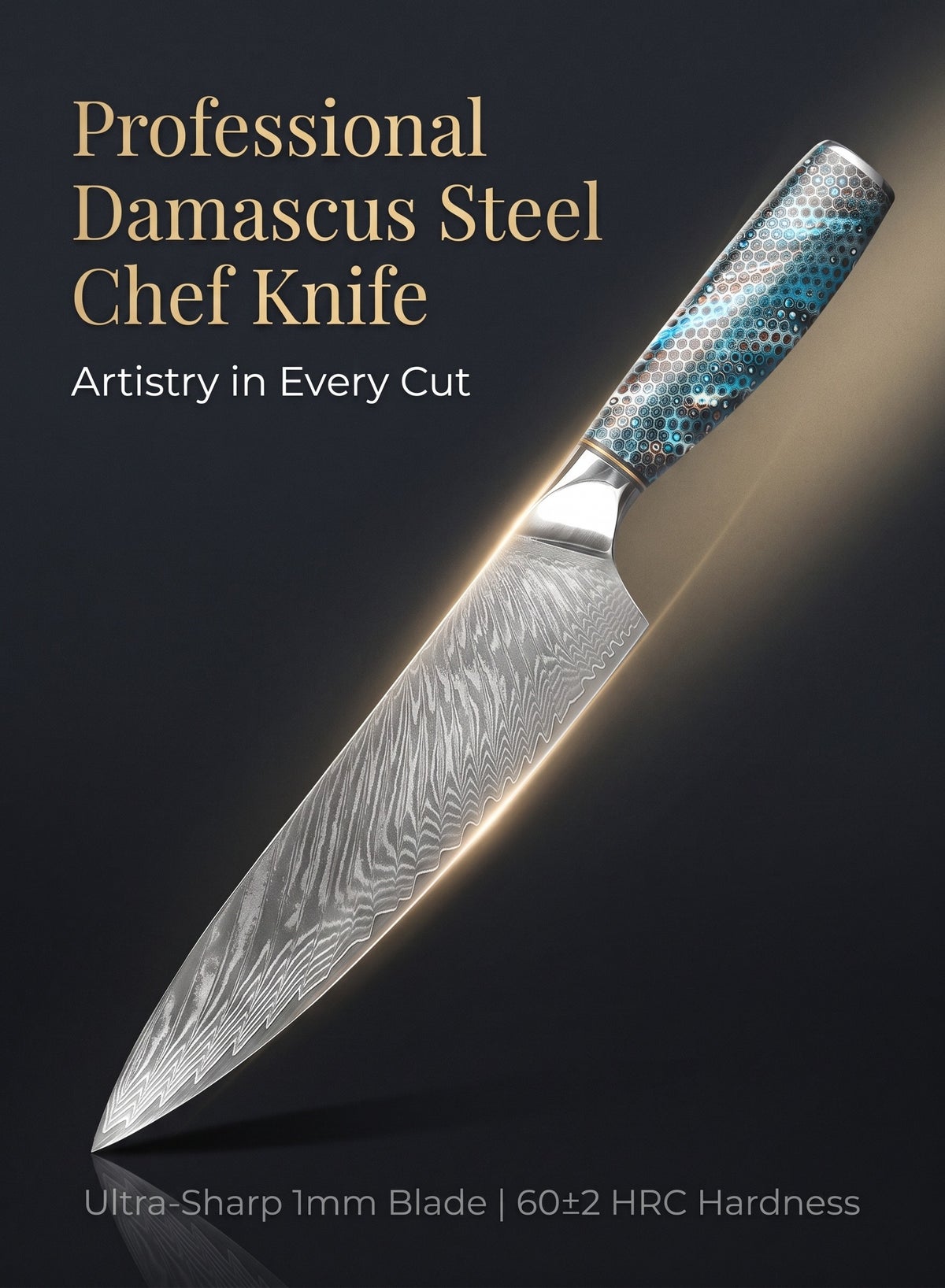 Japanese Damascus Chef Knife, Professional Kitchen Knife with Knife Cover - Image 2