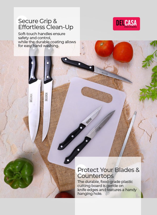 7-Piece Kitchen Knife With Plastic Cutting Board Set Black/Silver/White - Image 2