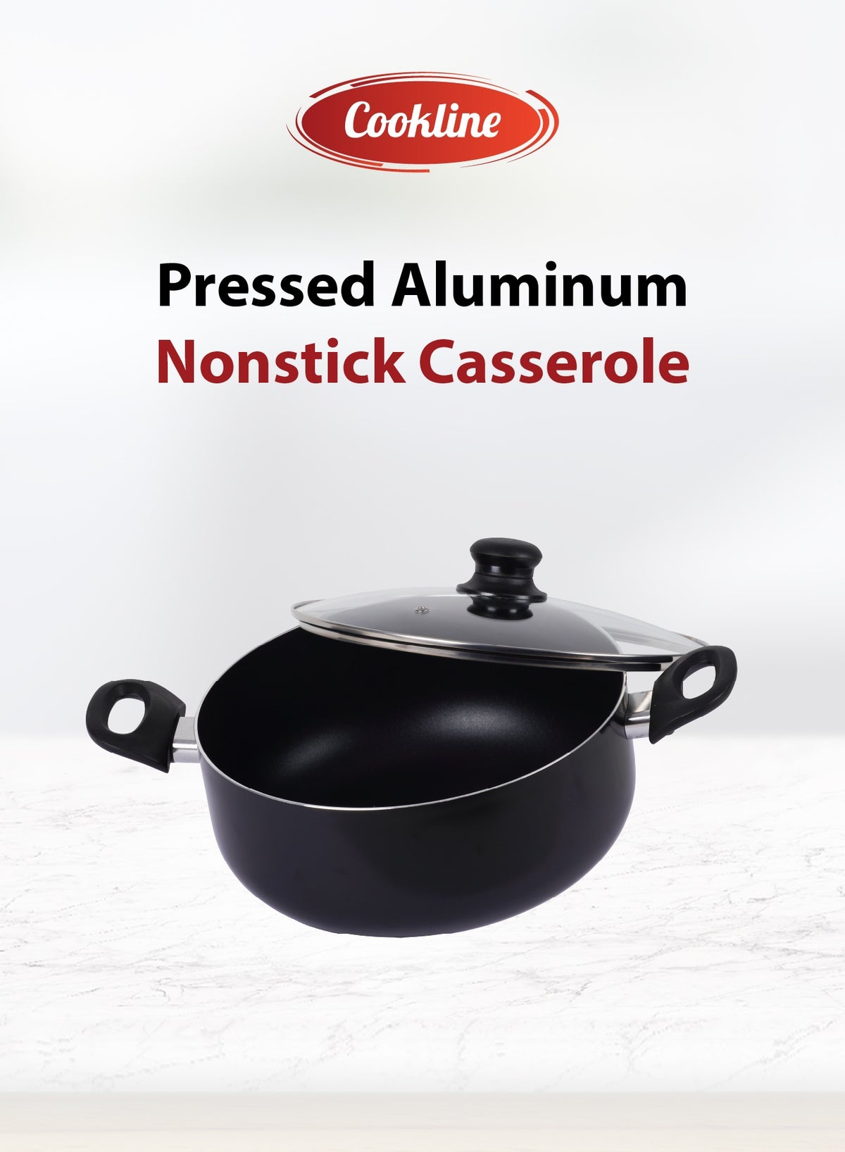 Pressed Aluminum Nonstick Casserole with Glass Lid and Induction Bottom , 24cm, Black with Shiny Finish - Image 3