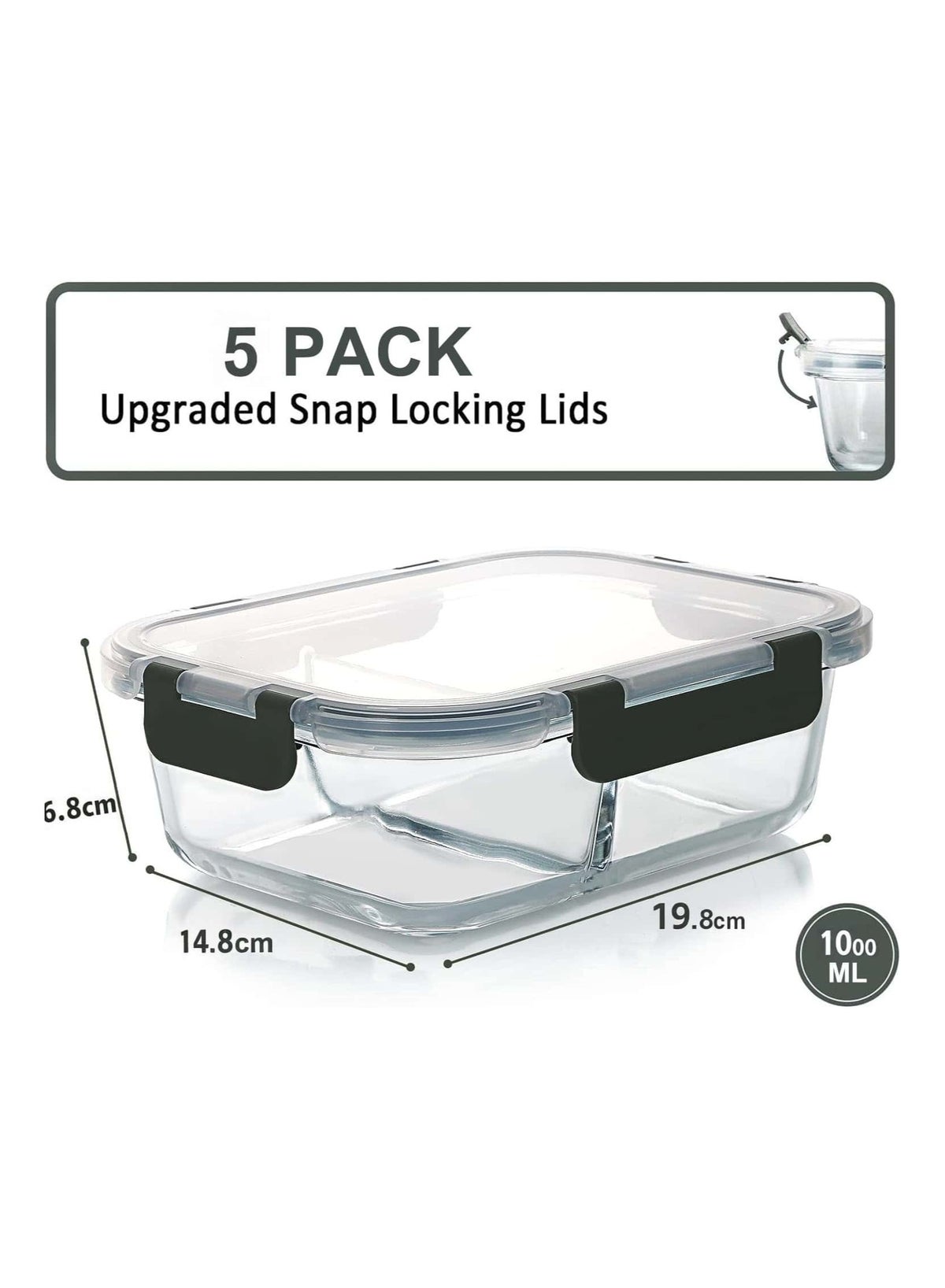 5Pack 1000ml Glass Food Containers with Lids (2 Compartments) - Image 3