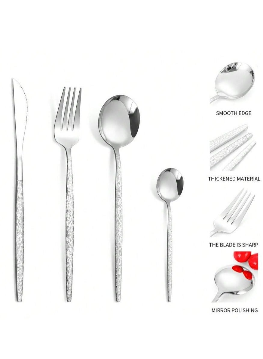 24-piece Portuguese stainless steel cutlery set, cutlery set with bark-like handles, suitable for 6 people for daily household use, mirror-polished cutlery comes in a colorful packaging box, perfect for parties, weddings and gatherings - Image 4