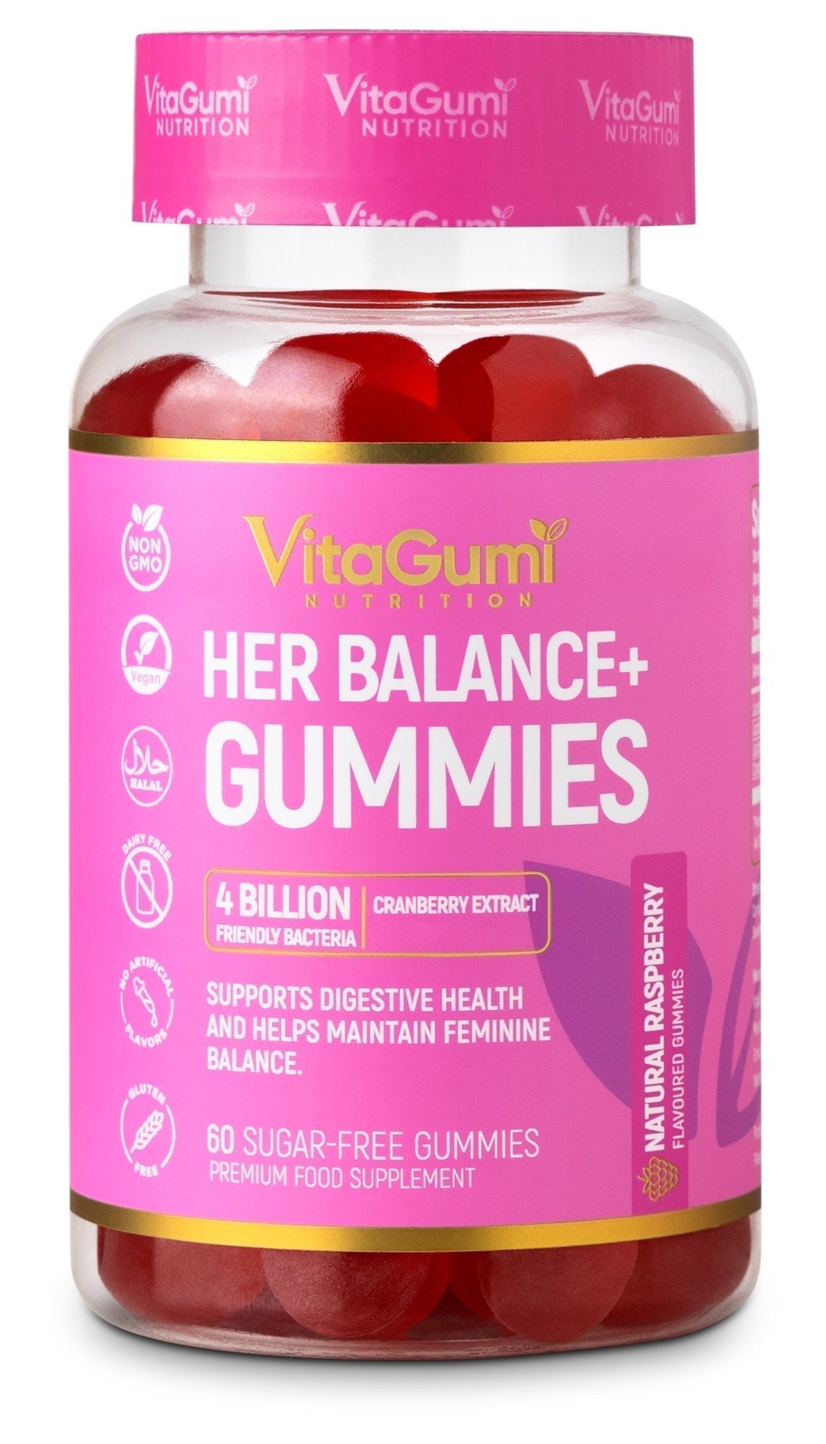 VitaGumi Nutrition HerBalance+ Gummies for Women | With 4 Billion CFU Probiotics & 170mg Cranberry Extract | Gut & Intimate Flora Support | 60 Vegan, Halal, Gluten-free Gummies | Delicious Natural Raspberry Flavour | 1 Month Supply