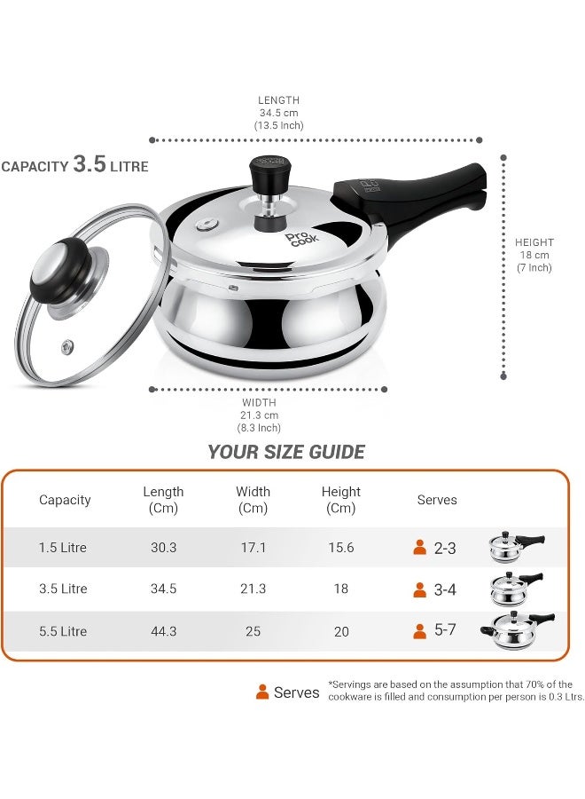 Pro Cook Handi Pressure Cooker 3.5 Litre – Triply Stainless Steel Cooker with Outer Stainless Steel Lid & Glass Lid, Induction & Gas Compatible, ISI Certified, Gasket Release System – Silver - Image 5