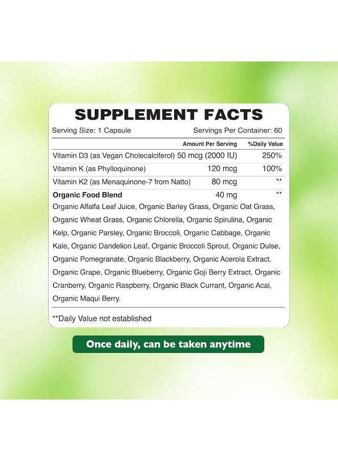 Vitamin D3+K2 with Organic Spirulina, Maqui Berries & Kale 60 Capsules - Image 2