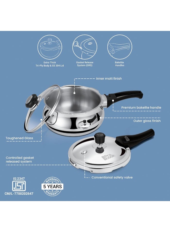 Pro Cook Handi Pressure Cooker 3.5 Litre – Triply Stainless Steel Cooker with Outer Stainless Steel Lid & Glass Lid, Induction & Gas Compatible, ISI Certified, Gasket Release System – Silver - Image 3