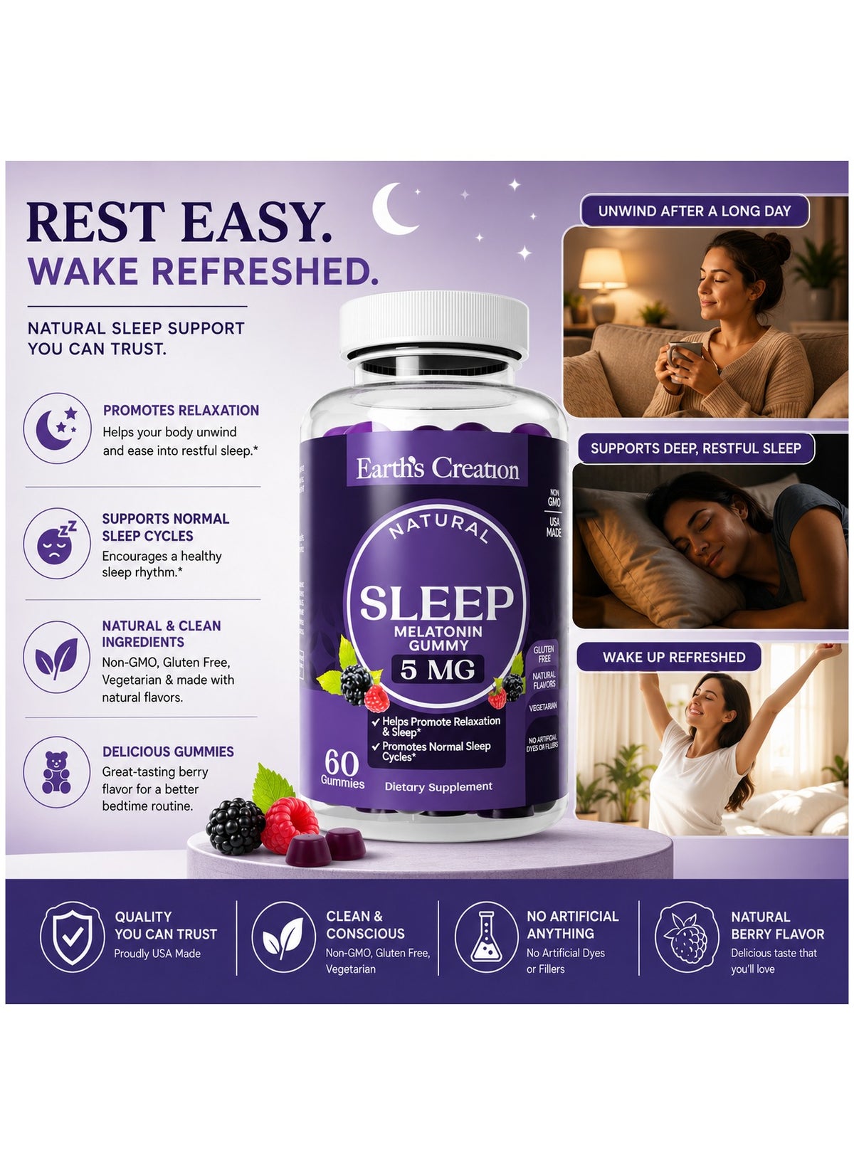 Melatonin Sleep Gummy Natural 5mg Helps Relaxation & Normal Sleep Cycle Berry Dietary Supplement 60 Gummies - Image 2
