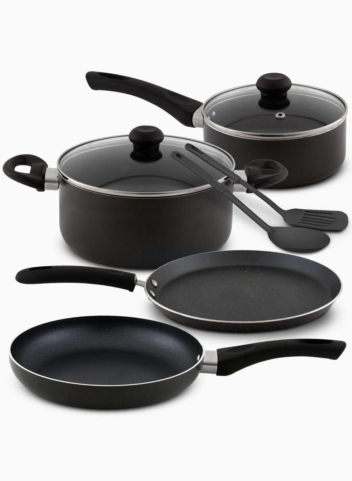 8 Pcs Nonstick Cookware Set with 10X Tougher Coating, Quick Heat Distribution, Hot Plate, Halogen, Gas, Electric, Ceramic, Induction Compatible – Includes 24cm Saucepan with Glass Lid, 24cm Frypan, 26cm Tawa Pan, 18cm Milk Pan, and 2 Nylon Turners - NCS8GA - Image 2