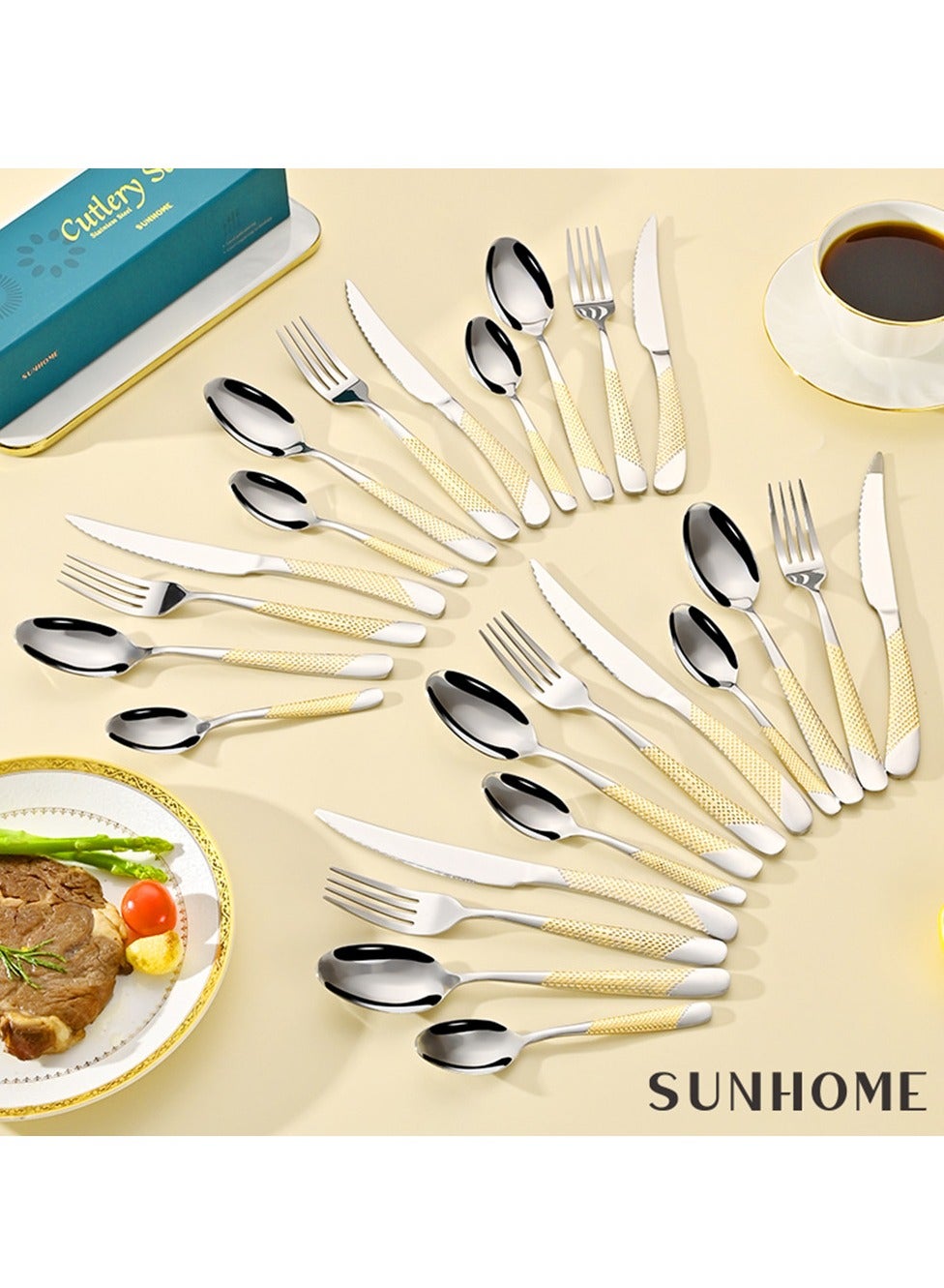 SUNHOME 24-Piece Stainless Steel Cutlery Set Kitchen Utensil Set Western Tableware Suitable For Home Kitchen Restaurant Hotel Party Dining Picnic Dining Exquisite Packaging Gift Gold - Image 4