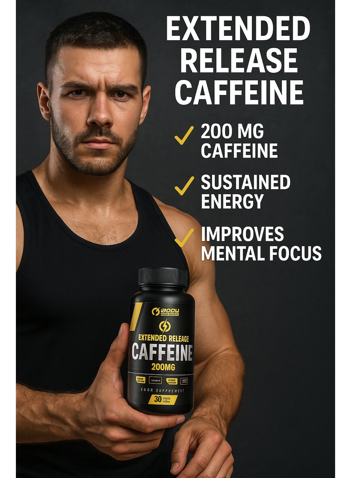 Body Builder Extended Release Caffeine Increase Alertness and Focus Boost Energy Levels And Physical Performance 30 Veggie Capsules - Image 2