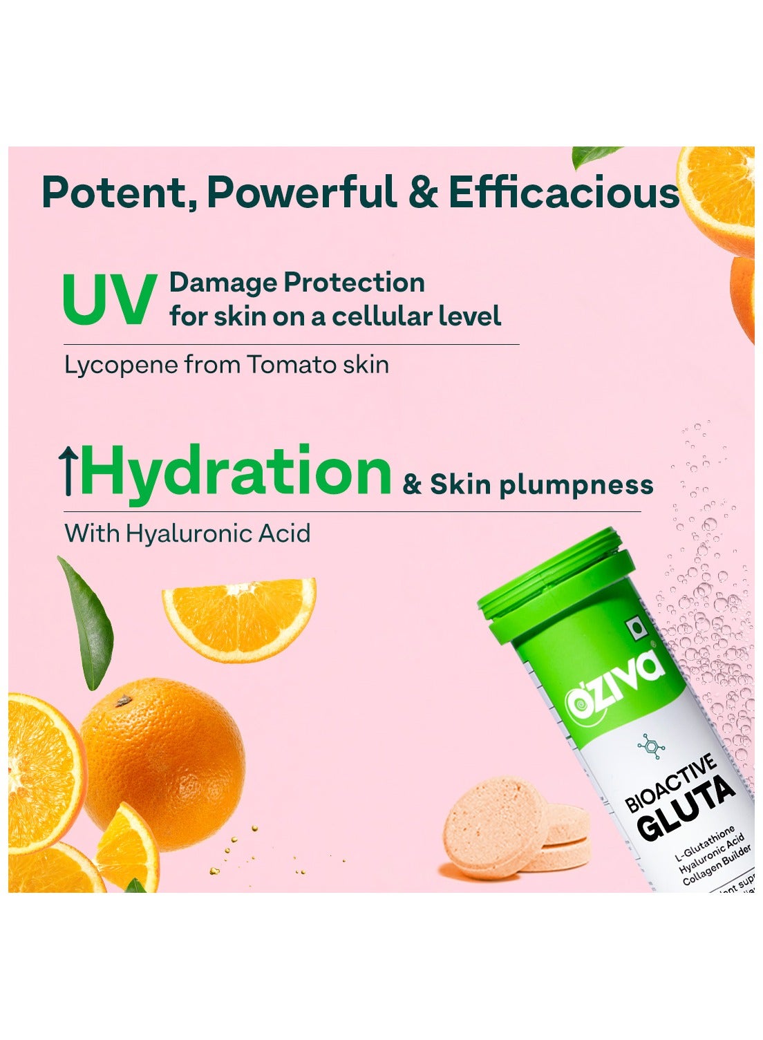 OZiva Bioactive Gluta Fizzy-5 Potent Antioxidants | Glutathione tablets For Skin Radiance & Glow | With Hyaluronic Acid, Lycopene, Astaxanthin - Orange zing, Pack of 2 (30 Tablets) - Image 3