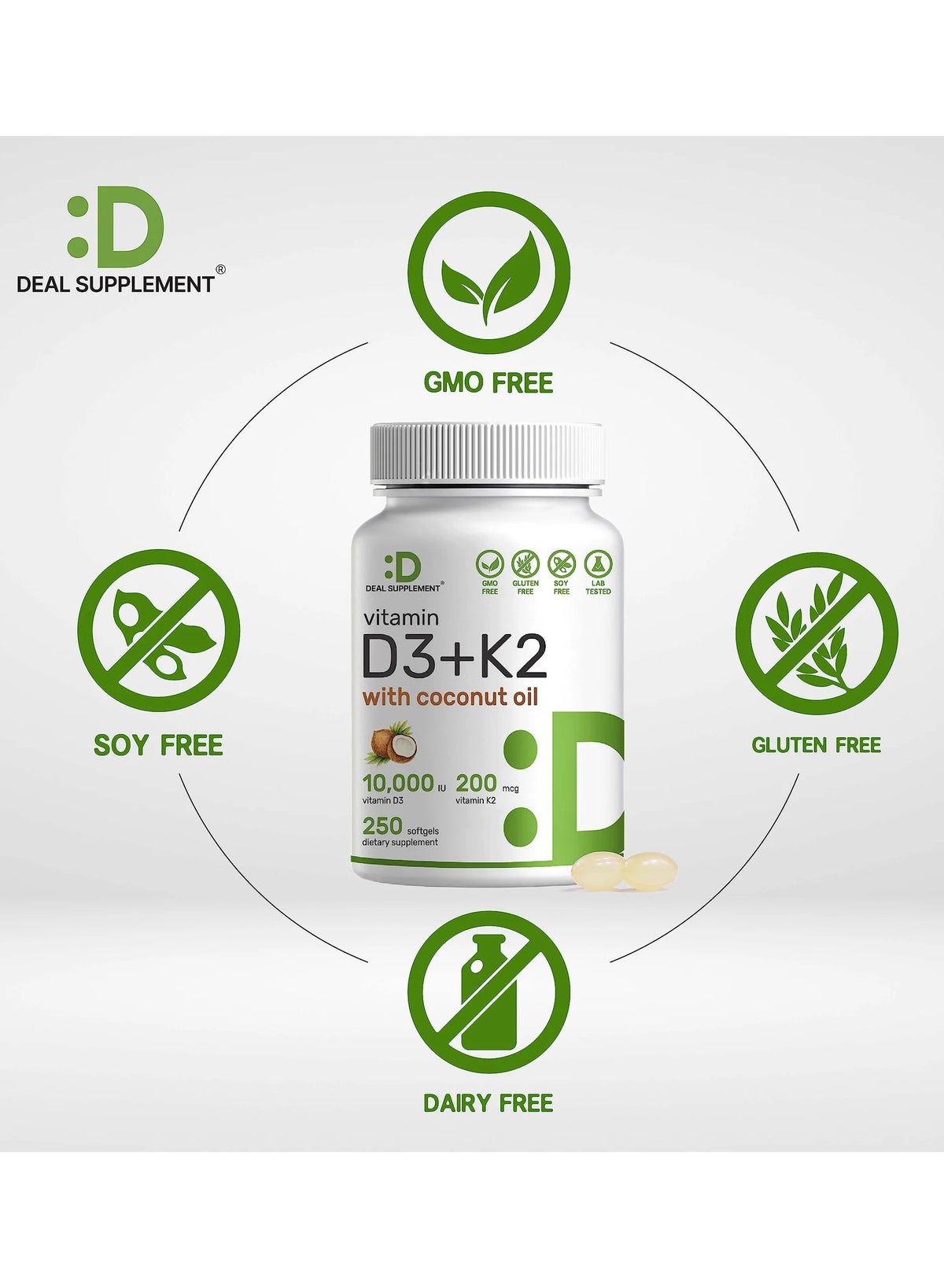 Vitamin D3 + k2 with Coconut Oil, 250 Softgels