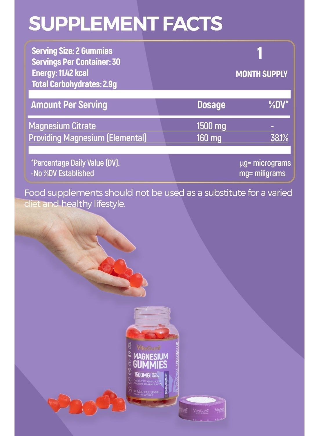 VitaGumi Nutrition Magnesium Gummies | High-Strength 1500mg Magnesium Citrate (160mg Elemental) | Vegan, Sugar-Free & Halal | Natural Raspberry Flavour | 60 Gummies | 1-Month Supply | Third-Party Tested - Image 4