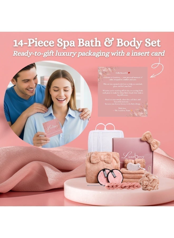 14-Piece Spa Bath Gift Set for Women – Luxury Pink Coral Fleece Towel Wrap, Hair