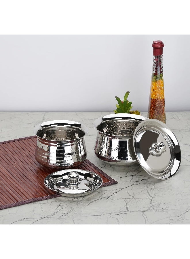 Sumeet Stainless Steel Handcrafted Hammered Texture Handi Set with Lids – 2 Pieces (460ml & 650ml) for Kitchen, Durable & Corrosion-Resistant, Dishwasher Safe, Silver - Image 6