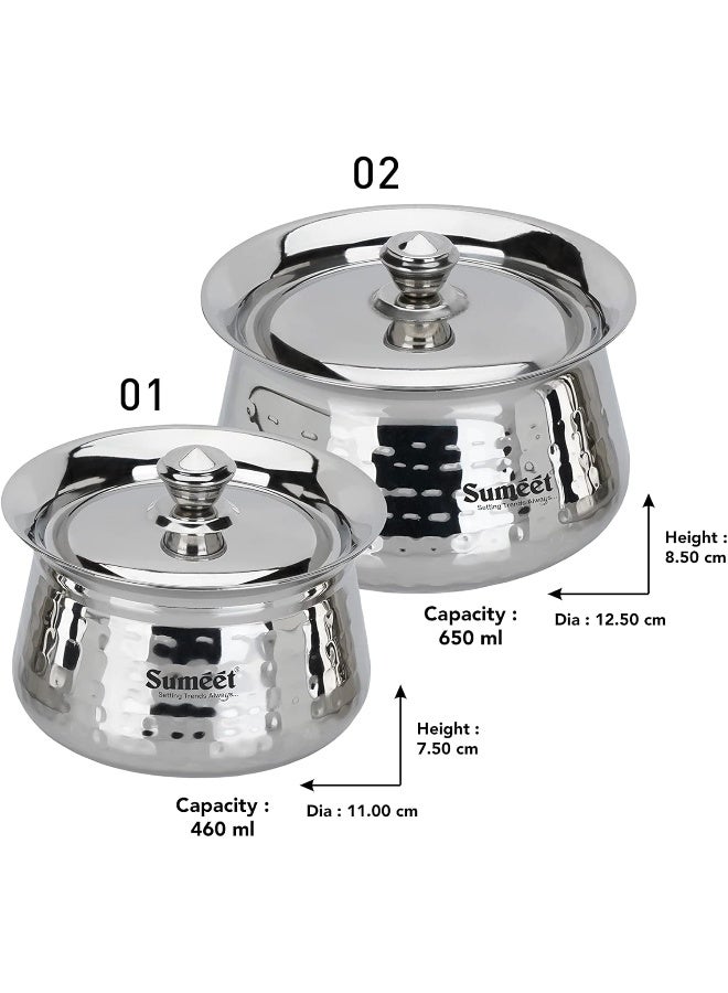 Sumeet Stainless Steel Handcrafted Hammered Texture Handi Set with Lids – 2 Pieces (460ml & 650ml) for Kitchen, Durable & Corrosion-Resistant, Dishwasher Safe, Silver - Image 4