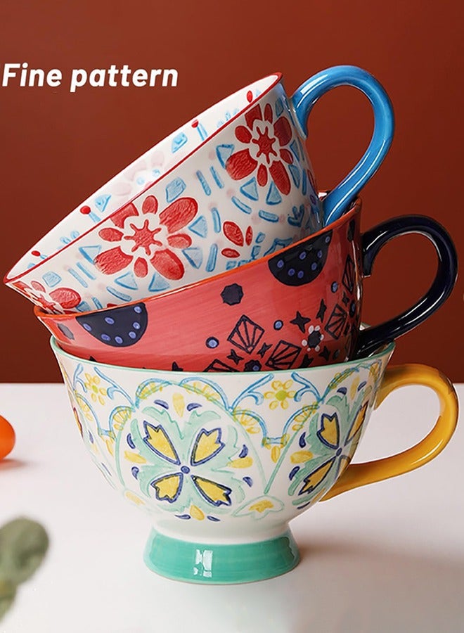 Large Coffee Mugs Sets of 4, 420ml Footed Coffee Cups Set for Latte Cappuccino Hot Chocolate Soup, Hand-Painted Traditional Farmhouse Pattern - Image 6
